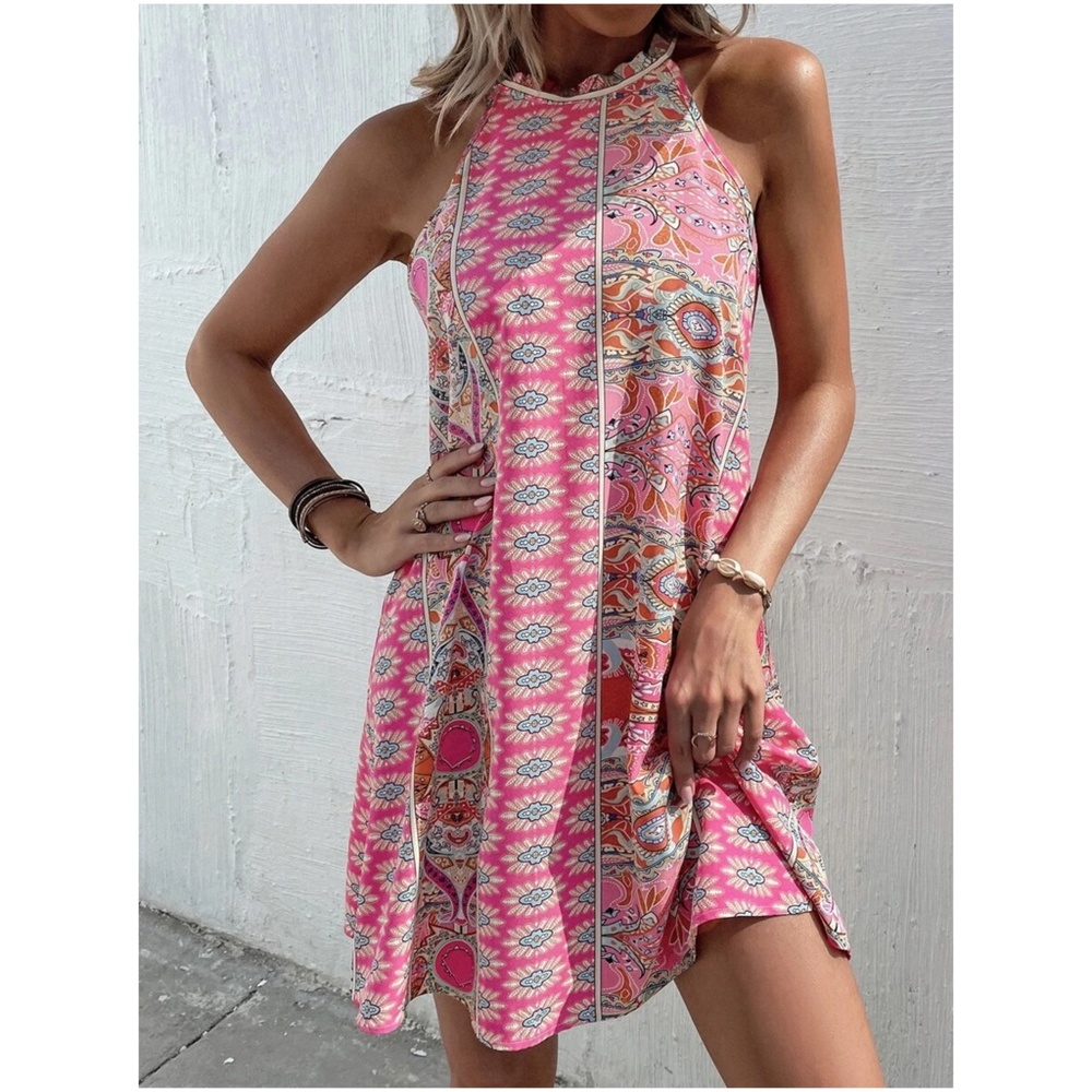 Boho Paisley Print Halter Mini Dress - Picture 3 of 7